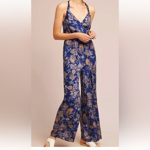 Anthropologie Ett:Twa Blue Paisley V-Neck Cottagecore Summer Jumpsuit  M - Picture 1 of 14
